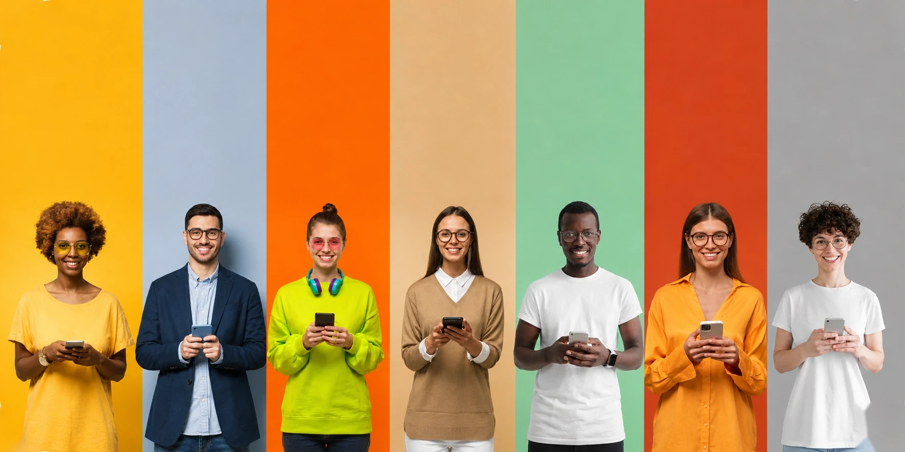 Siete personas sonrientes con su celular en la mano