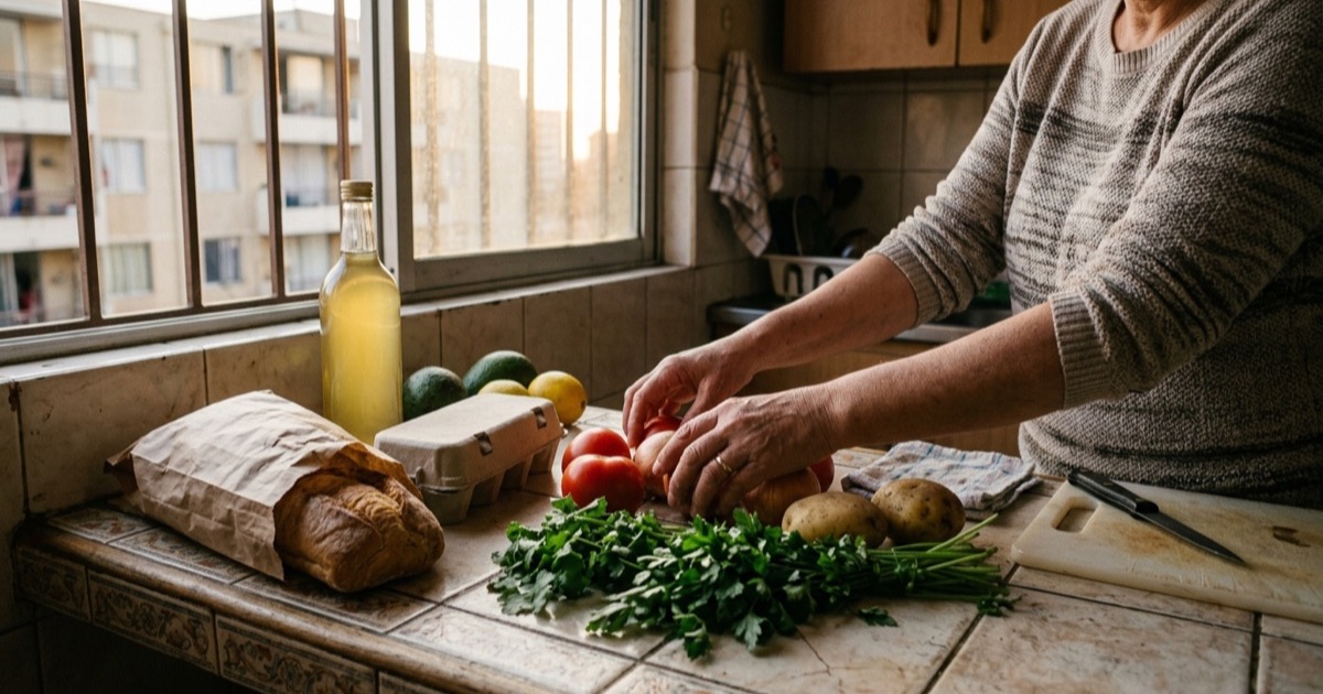 Manos de una mujer ordenando frutas, verduras y pan sobre el mesón de una cocina de departamento en Santiago